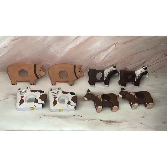 VINTAGE 8 Wooden Napkin Rings Rustic Farm Animals 3" hand painted Cat, pig,horse - Picture 2 of 8